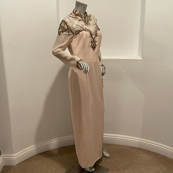 Bella Diosa Collection Vintage 90'S Maxi Dress Beige Beaded Sheer Accent Size 12 - Picture 3 of 16